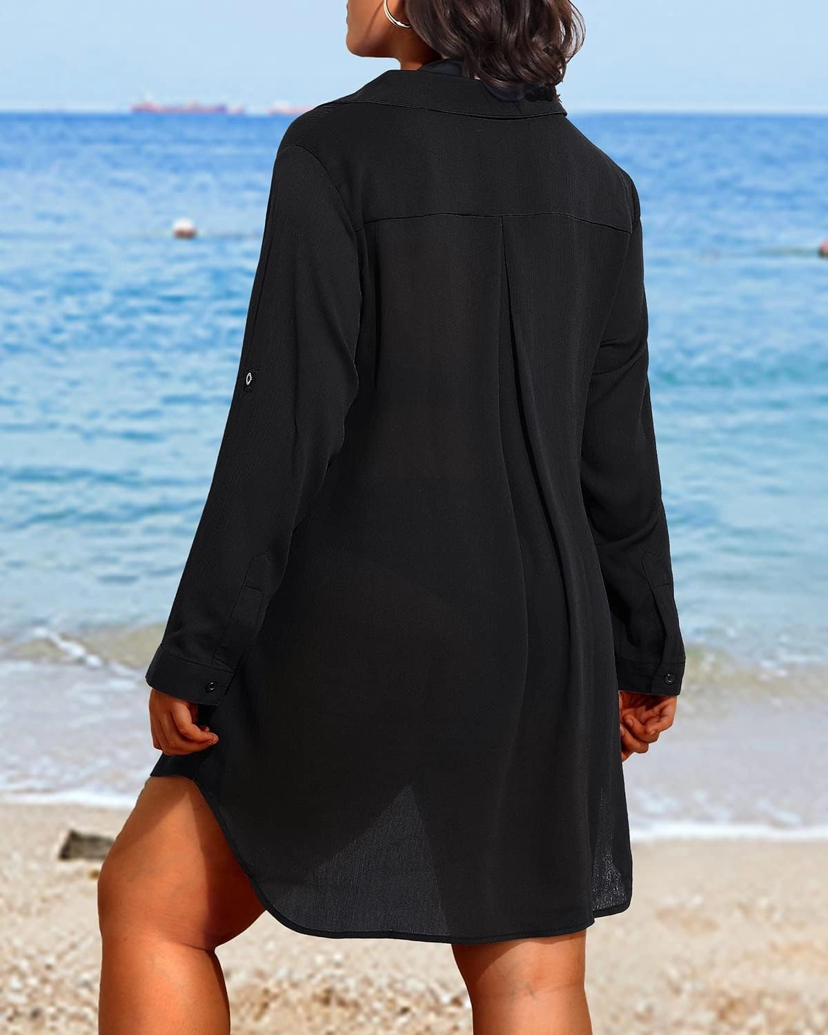 Pinup Fashion Womens Plus Size Swimwear Cover Ups Button Down Beach Long Sleeve Bathing Bikini Shirt Coverup