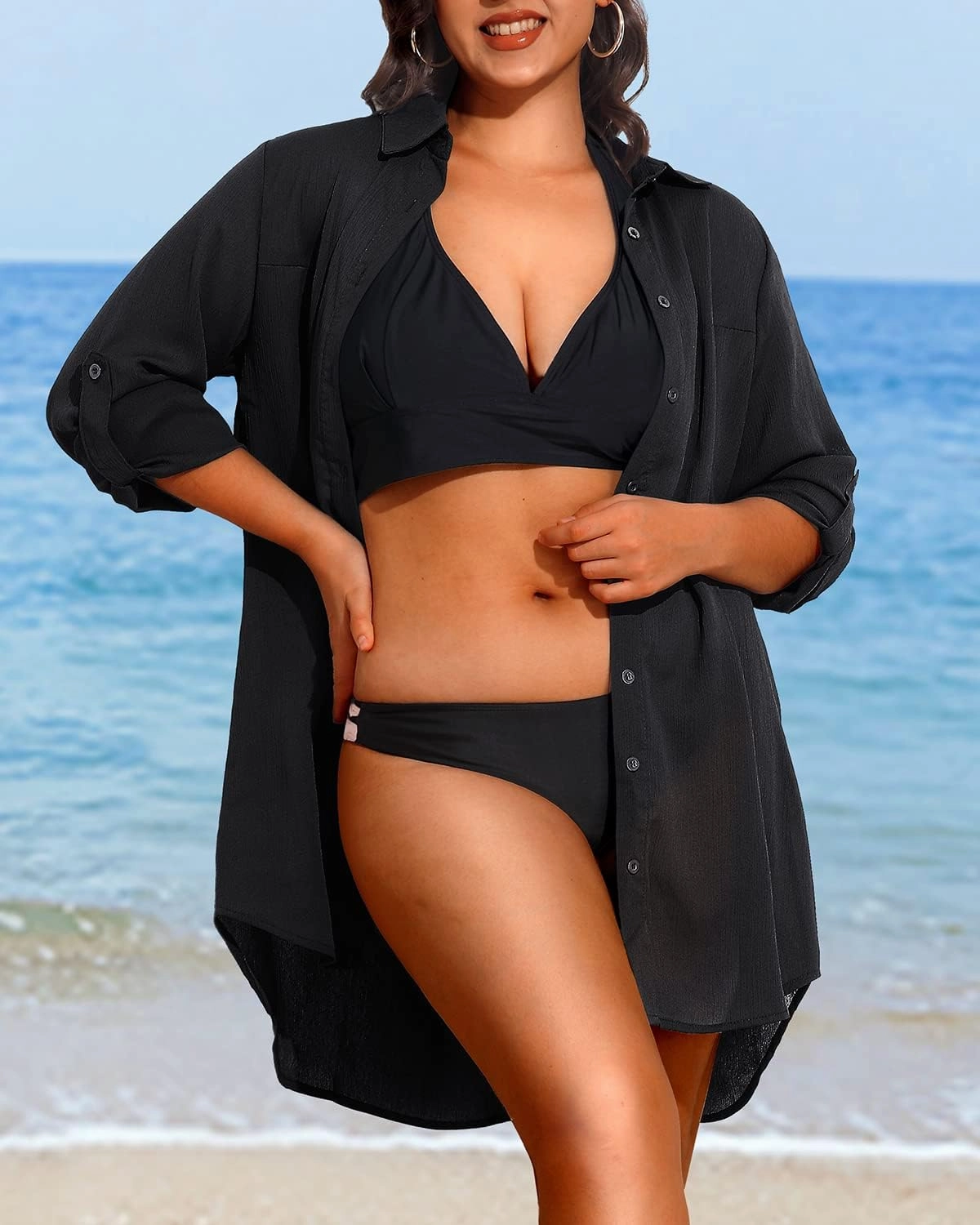 Pinup Fashion Womens Plus Size Swimwear Cover Ups Button Down Beach Long Sleeve Bathing Bikini Shirt Coverup