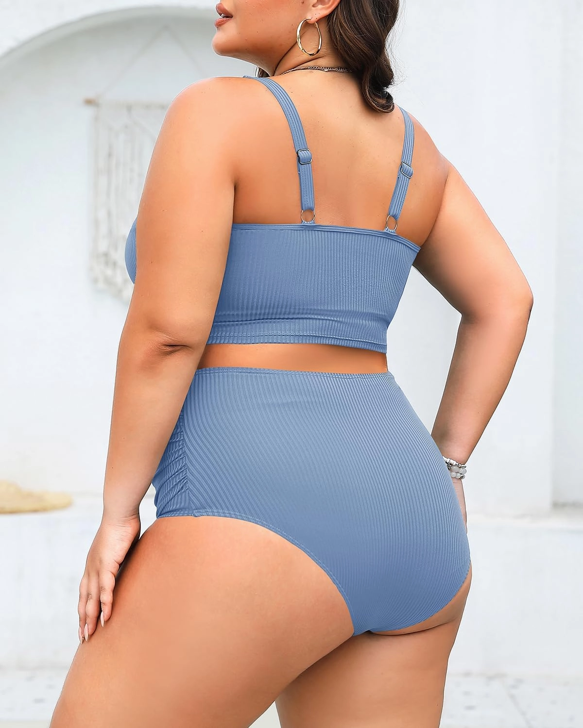 Plus Size 2 Piece Swimsuit - Womens High Waisted Bikini Tummy Control Bathing Suit Ribbed 2025 Swimwear