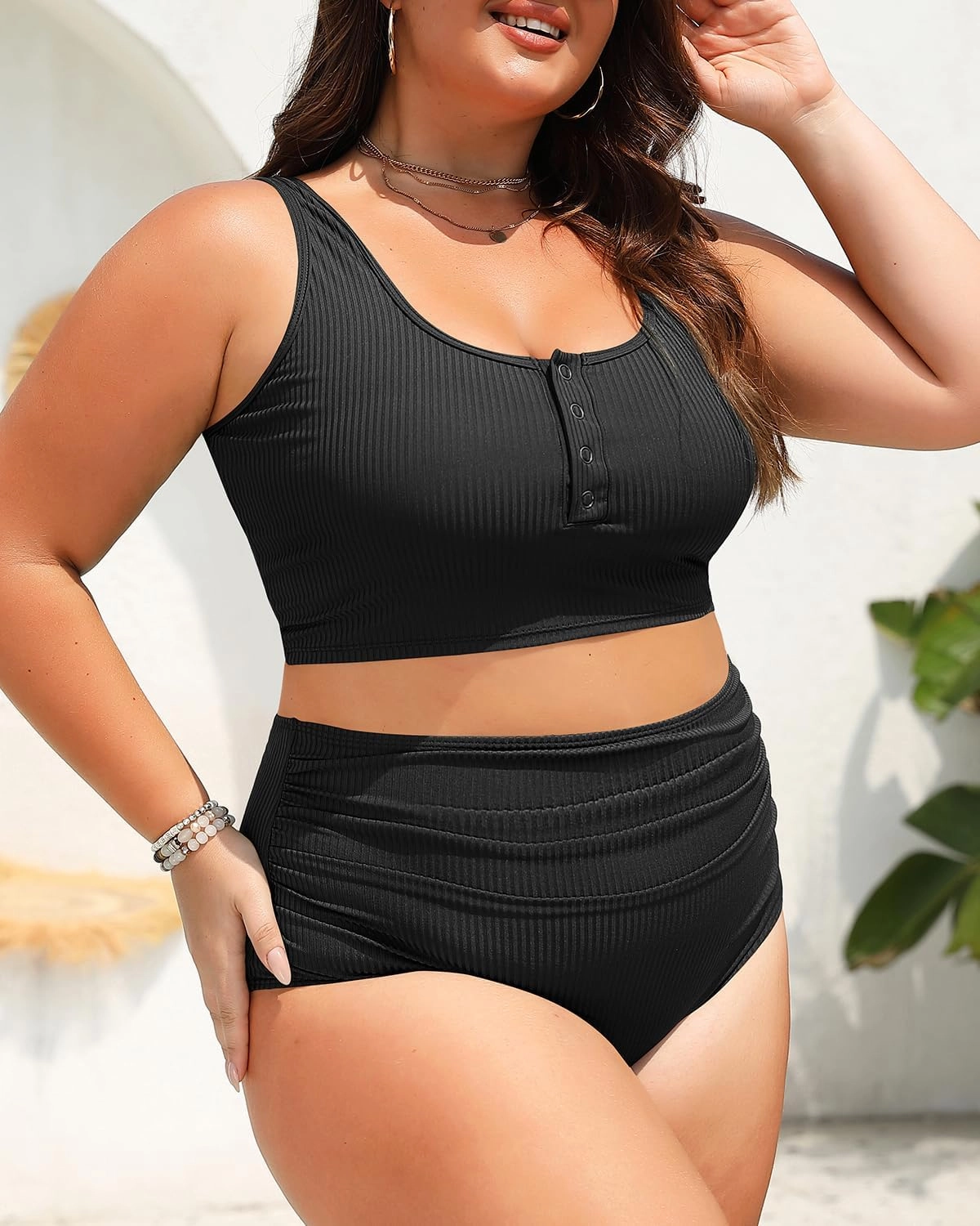 Plus Size 2 Piece Swimsuit - Womens High Waisted Bikini Tummy Control Bathing Suit Ribbed 2025 Swimwear