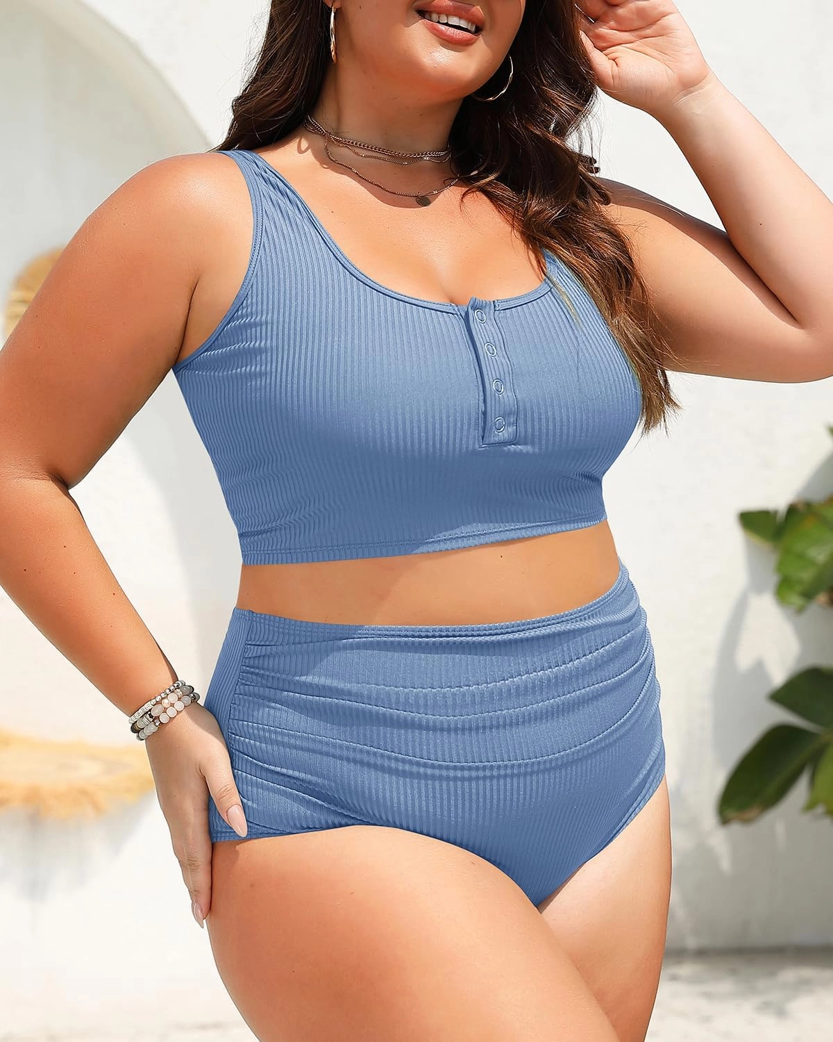 Plus Size 2 Piece Swimsuit - Womens High Waisted Bikini Tummy Control Bathing Suit Ribbed 2025 Swimwear