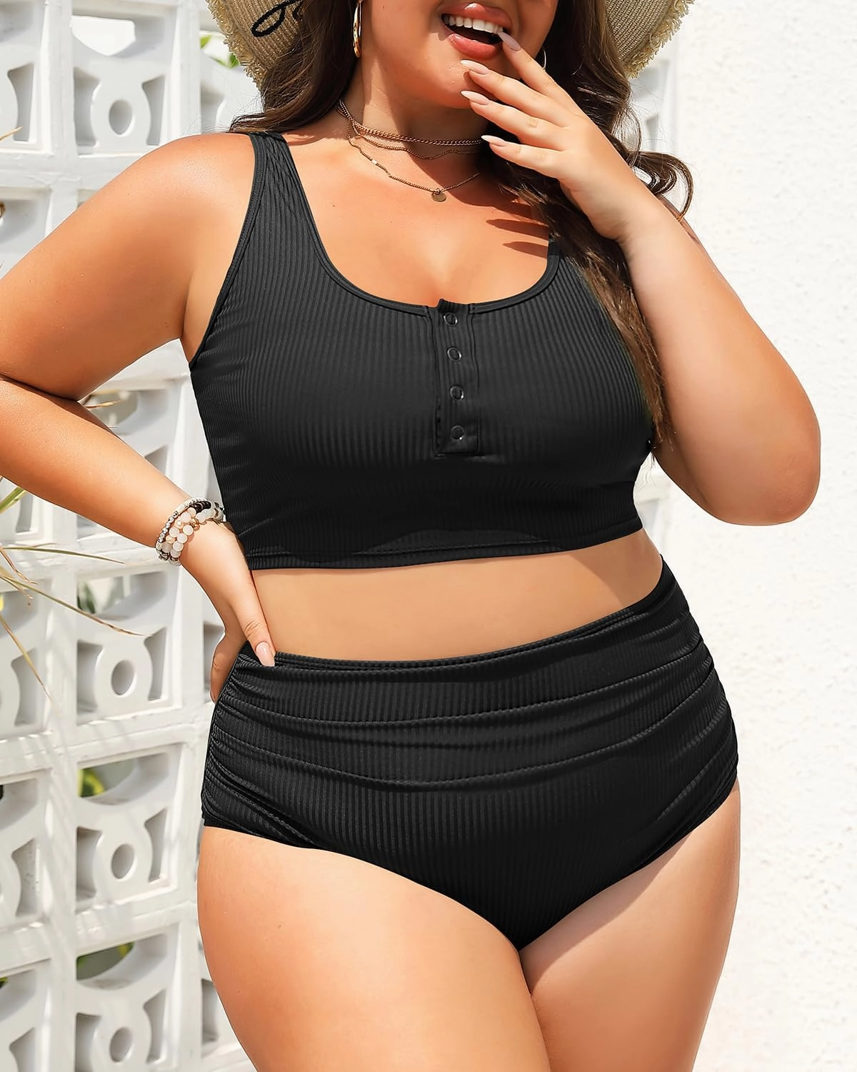 Plus Size 2 Piece Swimsuit - Womens High Waisted Bikini Tummy Control Bathing Suit Ribbed 2025 Swimwear
