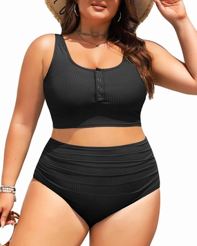 Plus Size 2 Piece Swimsuit - Womens High Waisted Bikini Tummy Control Bathing Suit Ribbed 2025 Swimwear