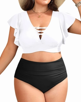 Plus Size Bikini Two Piece Swimsuit - Women High Waisted Tummy Control Bathing Suit with Sleeve Swimwear 2025