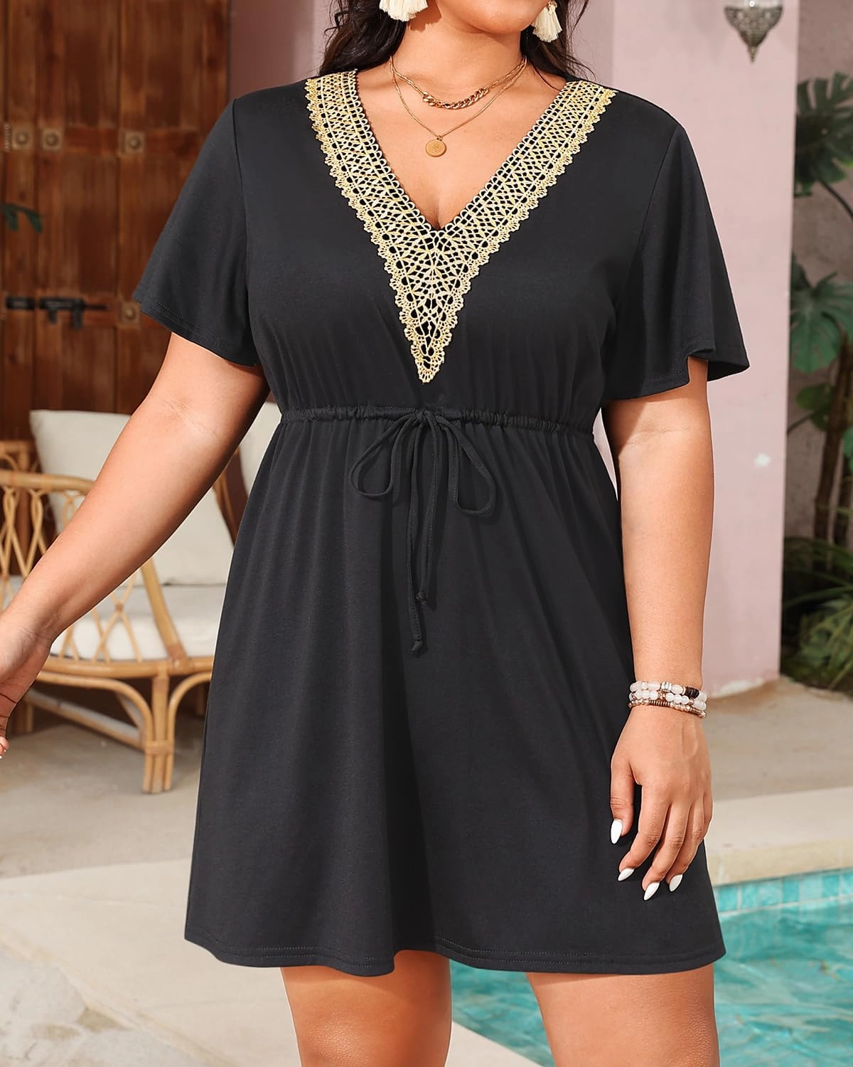 Plus Size Swimsuit Cover Up - Women Lace V Neck Drawstring Bathing Coverup Beach Dress