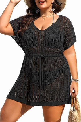 Plus Size Swimsuit Cover Up Women - Crochet Beach Romper Knit Bathing Suit Short Sleeve V Neck Swimwear Coverup Dress