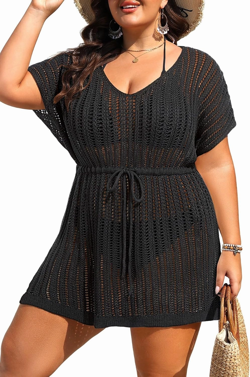 Plus Size Swimsuit Cover Up Women - Crochet Beach Romper Knit Bathing Suit Short Sleeve V Neck Swimwear Coverup Dress