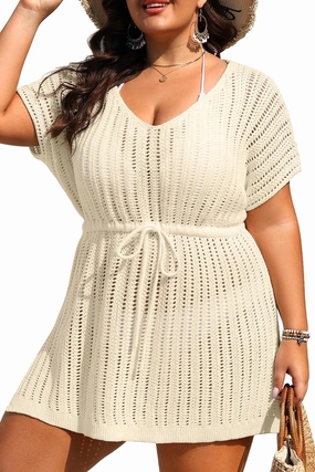 Plus Size Swimsuit Cover Up Women - Crochet Beach Romper Knit Bathing Suit Short Sleeve V Neck Swimwear Coverup Dress
