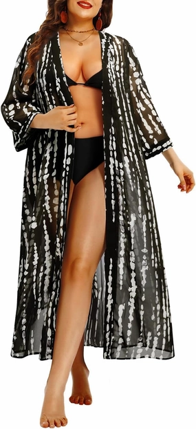 Plus Size Swimsuit Coverup Women -Long Kimono Cardigan Beach Chiffon Tie Front Cover Up