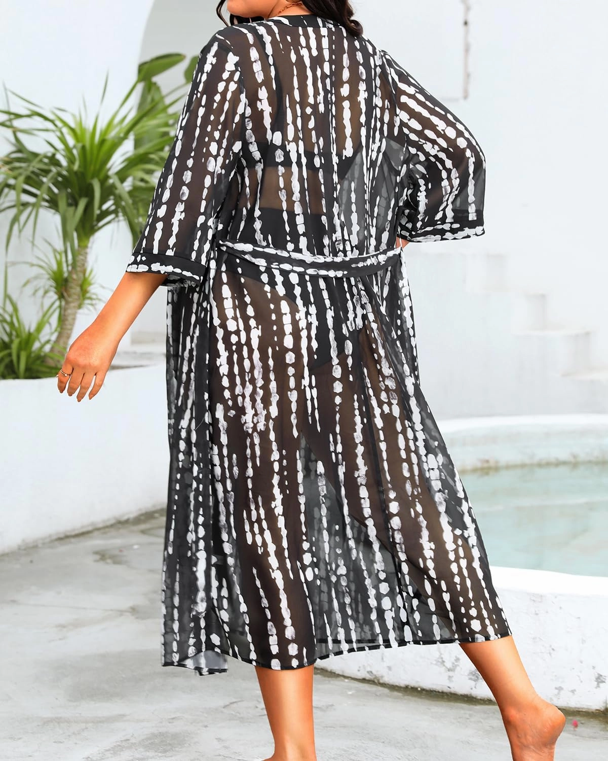 Plus Size Swimsuit Coverup Women -Long Kimono Cardigan Beach Chiffon Tie Front Cover Up