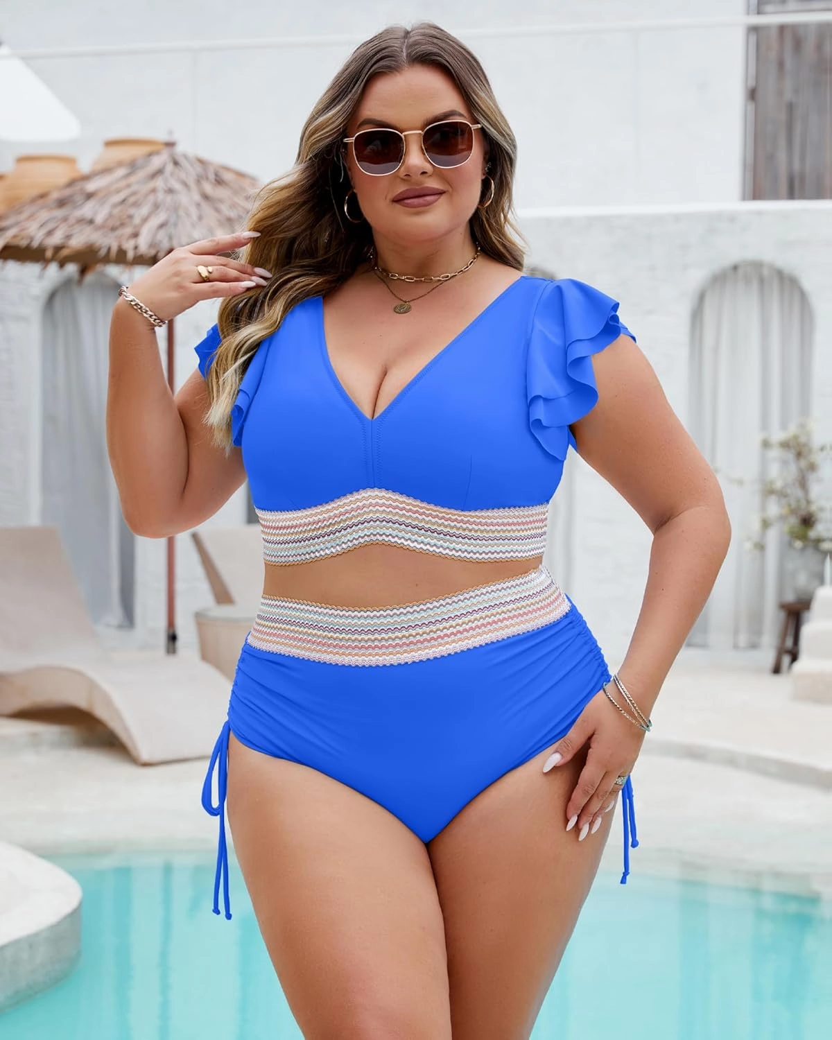 Plus Size Swimsuit for Women Two Piece High Waisted Bikini Sets Ruffle Tummy Control Bathing Suit Full Coverage