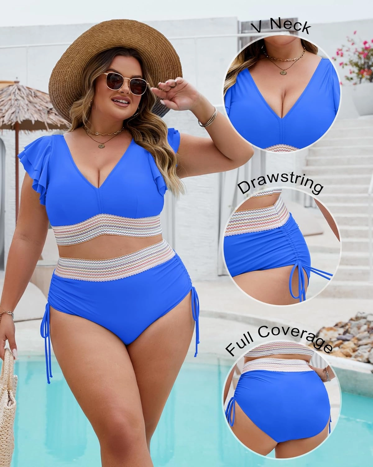 Plus Size Swimsuit for Women Two Piece High Waisted Bikini Sets Ruffle Tummy Control Bathing Suit Full Coverage