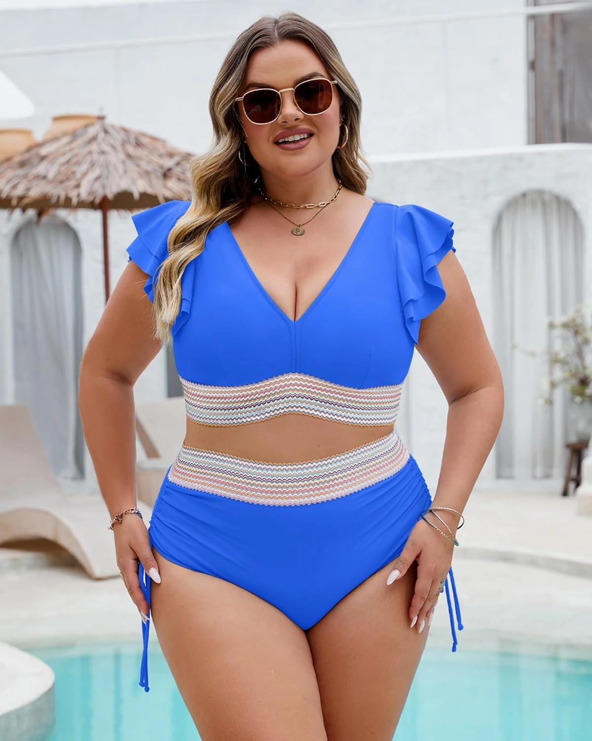 Plus Size Swimsuit for Women Two Piece High Waisted Bikini Sets Ruffle Tummy Control Bathing Suit Full Coverage