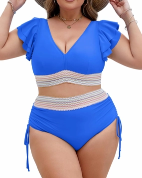 Plus Size Swimsuit for Women Two Piece High Waisted Bikini Sets Ruffle Tummy Control Bathing Suit Full Coverage