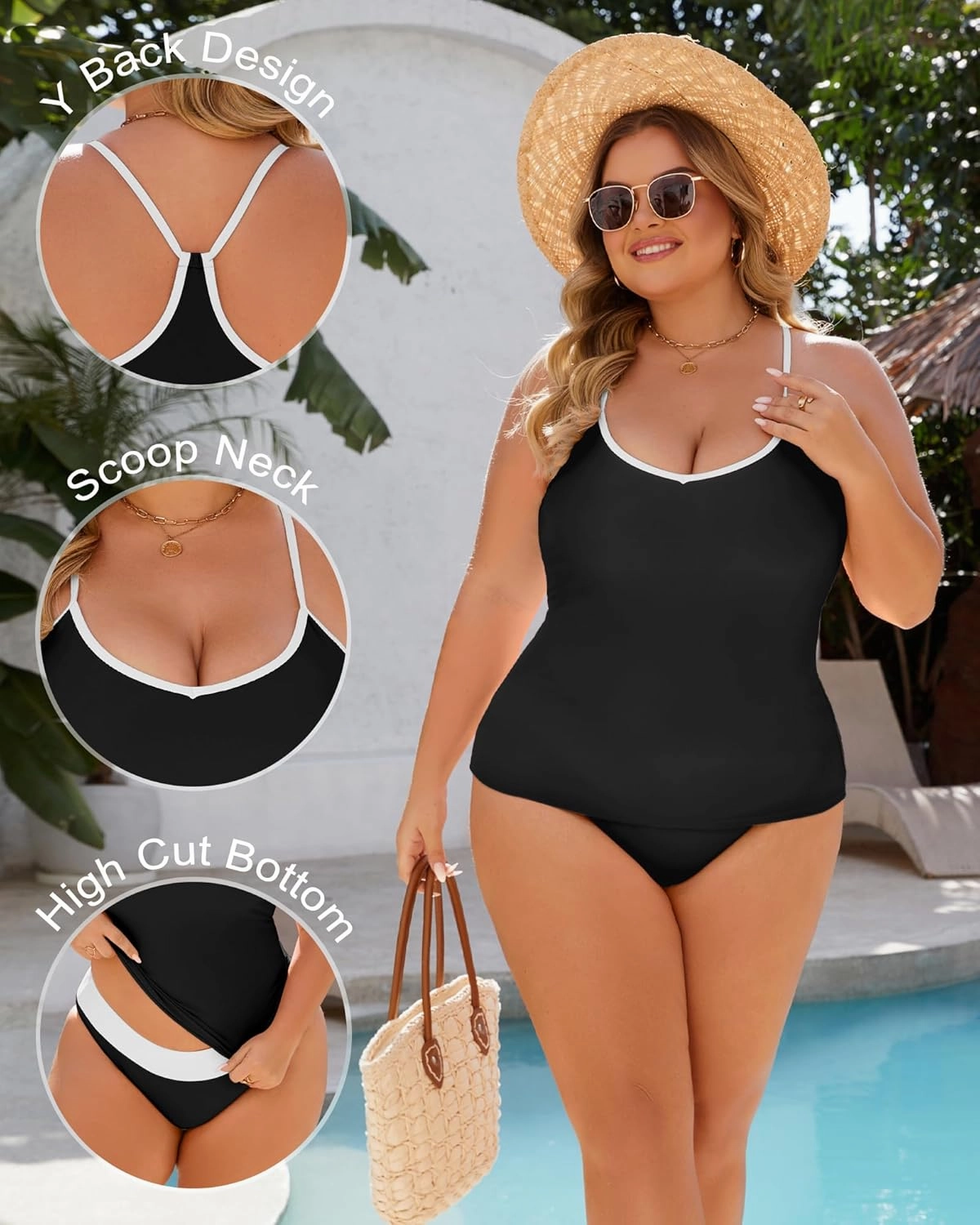 Plus Size Tankini Swimsuit for Women Tummy Control Two Piece Full Coverage Bathing Suit High Waisted Bikini