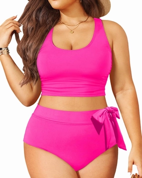 Plus Size Two Piece Swimsuits - Women High Waisted Bikini Scoop Neck Bathing Suit Swimwear