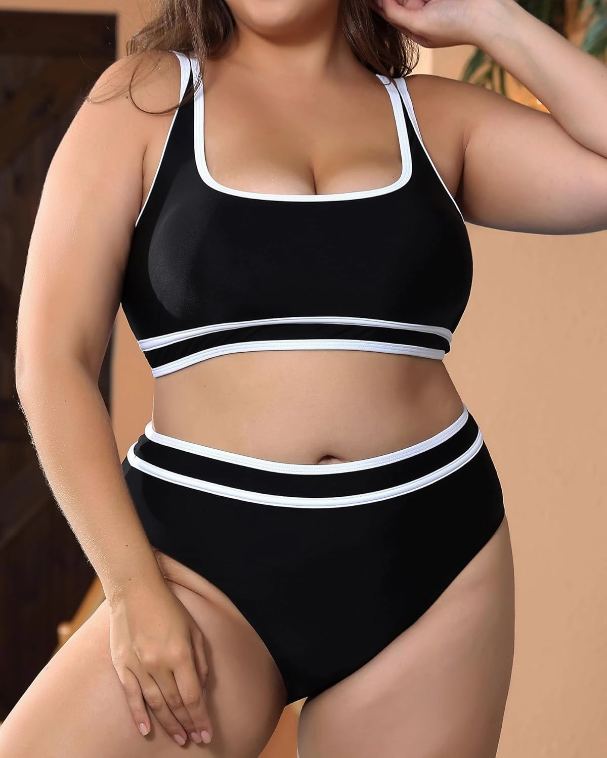 Plus Size Women's High Waist Bikini - Tummy Control Two Piece Bathing for Curvy Busty Black Sexy Swimsuits