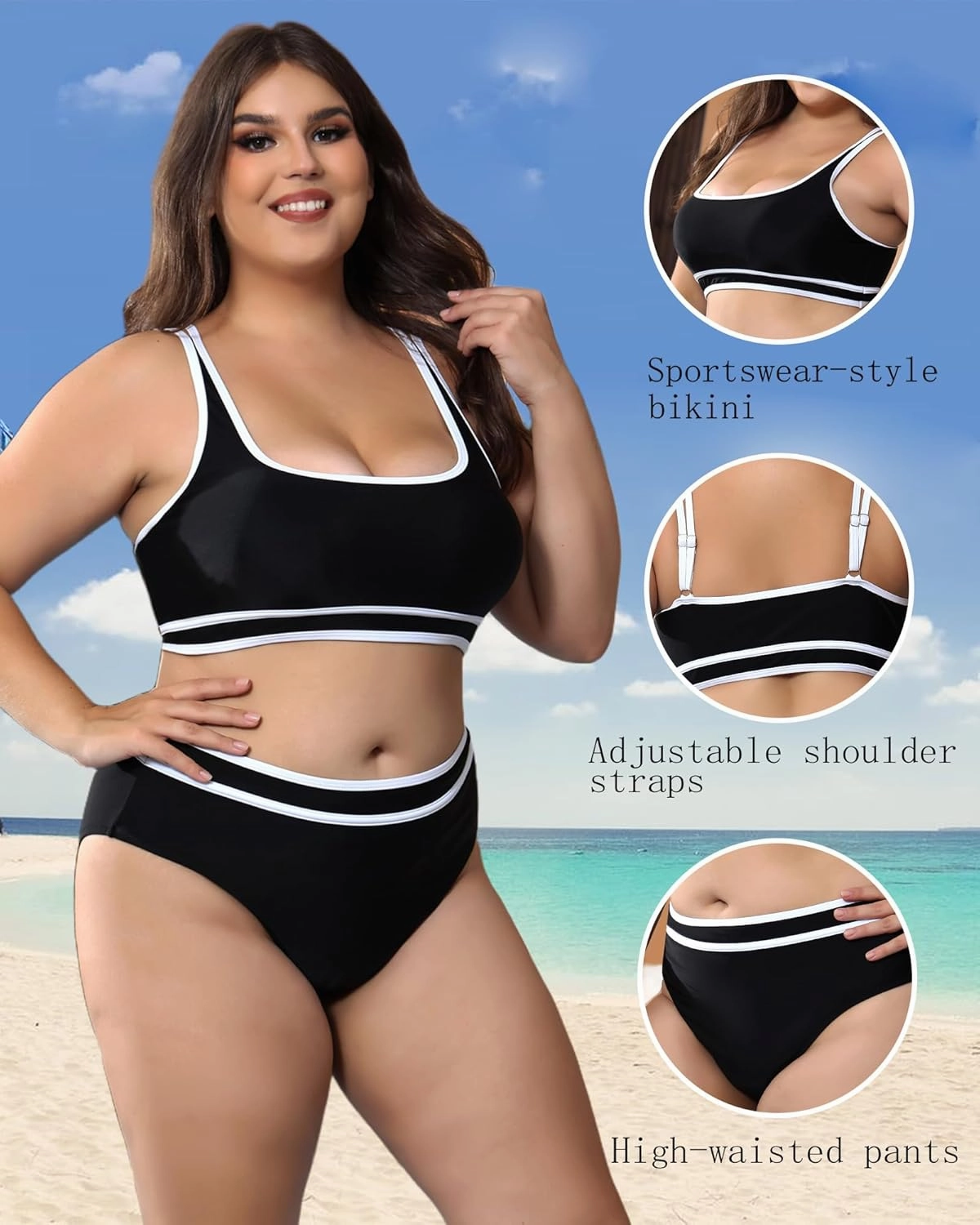 Plus Size Women's High Waist Bikini - Tummy Control Two Piece Bathing for Curvy Busty Black Sexy Swimsuits