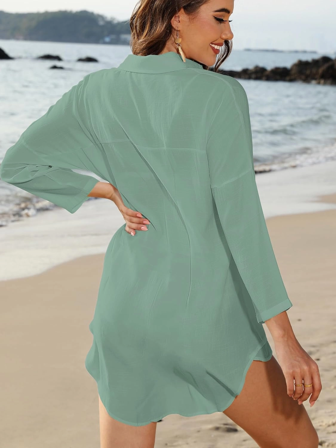 POGTMM Women's Swimsuit Cover Up Summer Beachwear Button Down Shirt Bikini Bathing Suit Beach Coverup Mini Dresses