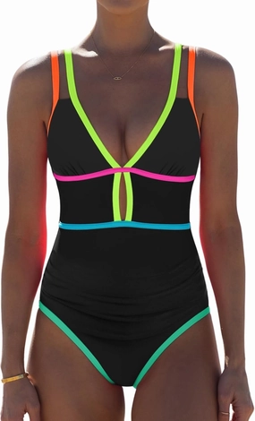popvil Women One Piece Swimsuit 2025 Tummy Control Sexy Cutout Neon Color Block Bathing Suit Deep V Neck Adjustable Swimwear