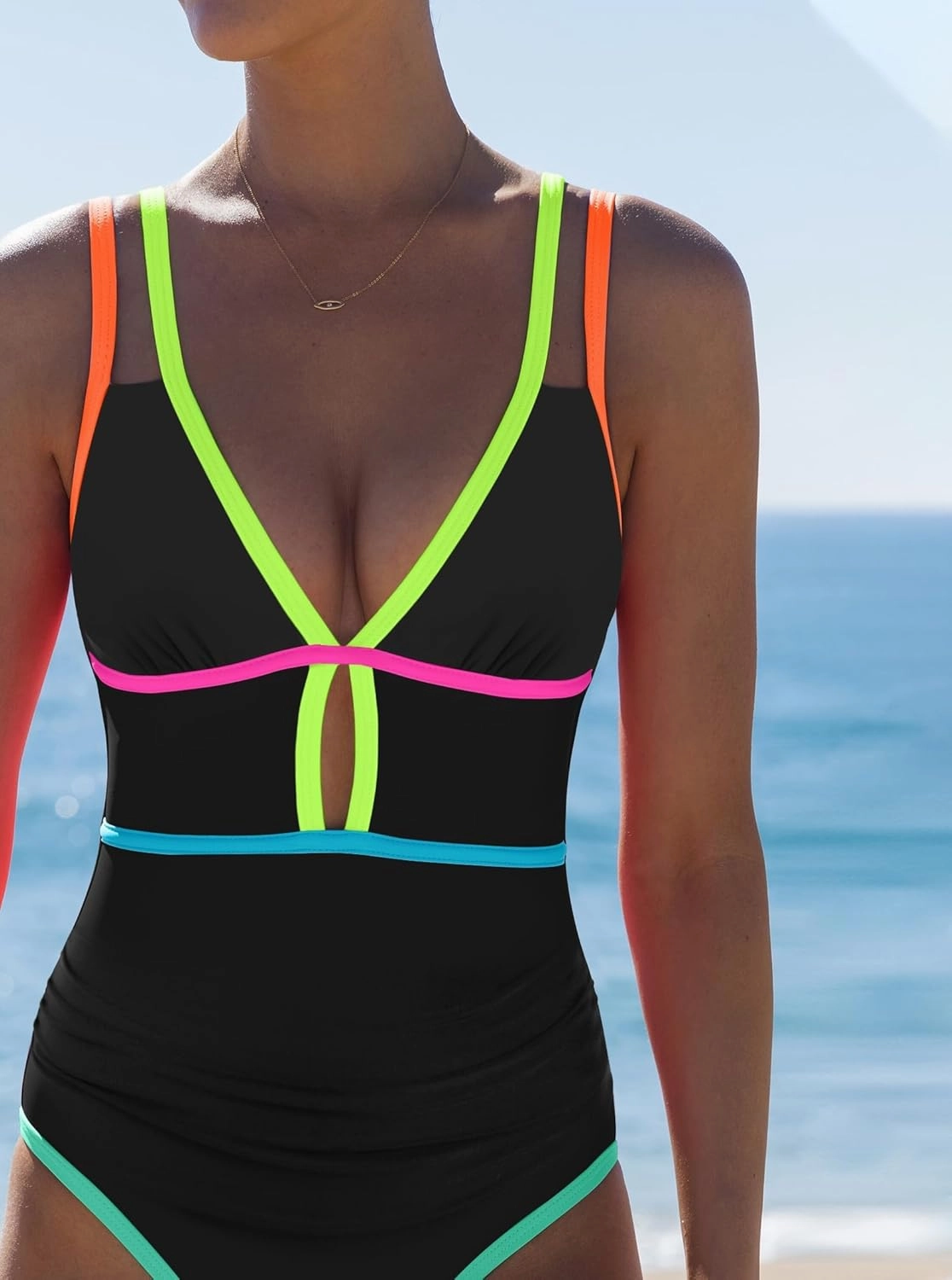 popvil Women One Piece Swimsuit 2025 Tummy Control Sexy Cutout Neon Color Block Bathing Suit Deep V Neck Adjustable Swimwear