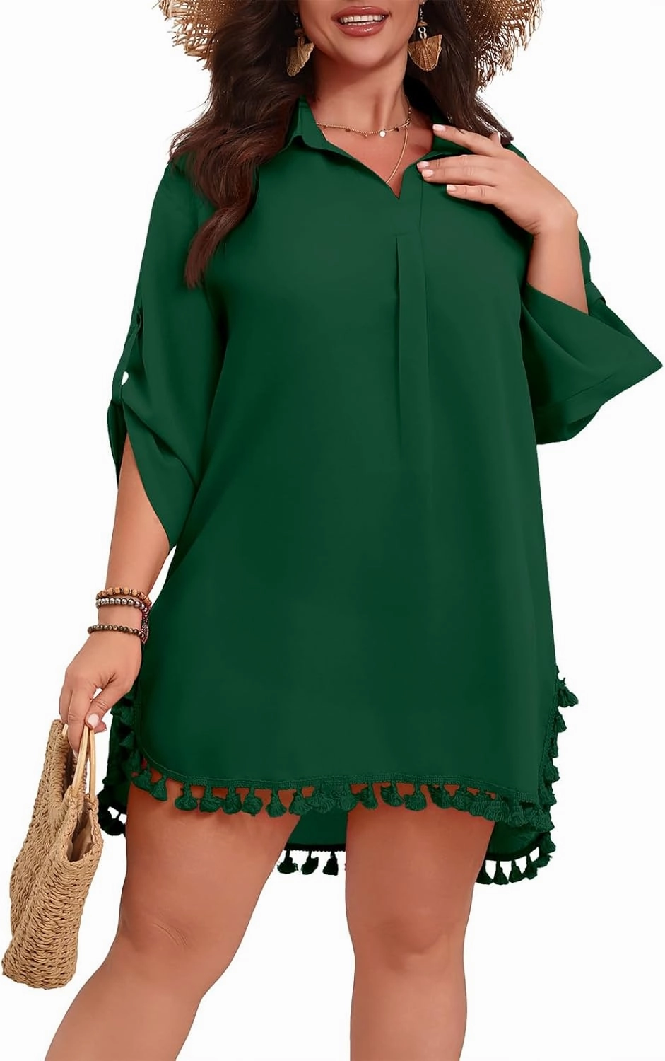 POSESHE Women's Plus Size Swimsuit Cover Ups Shirts 2025 Fashion Summer Tassel Beach Bathing Suit for Swimwear Bikini Dress