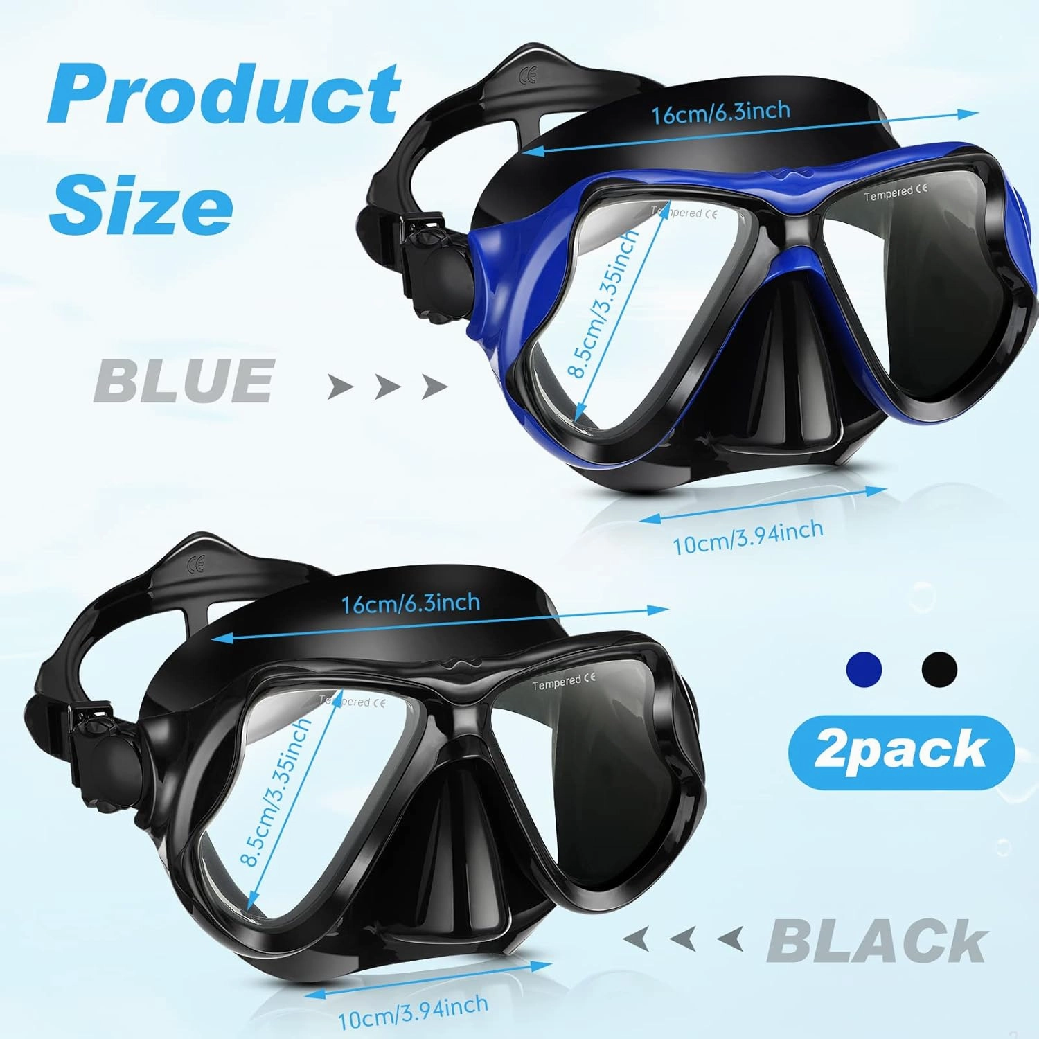 Preboun 2 Pack Swim Mask for Adult Swimming Snorkel Goggles with Nose Cover Anti Fog Clear View Tempered Glass for Diving Swimming