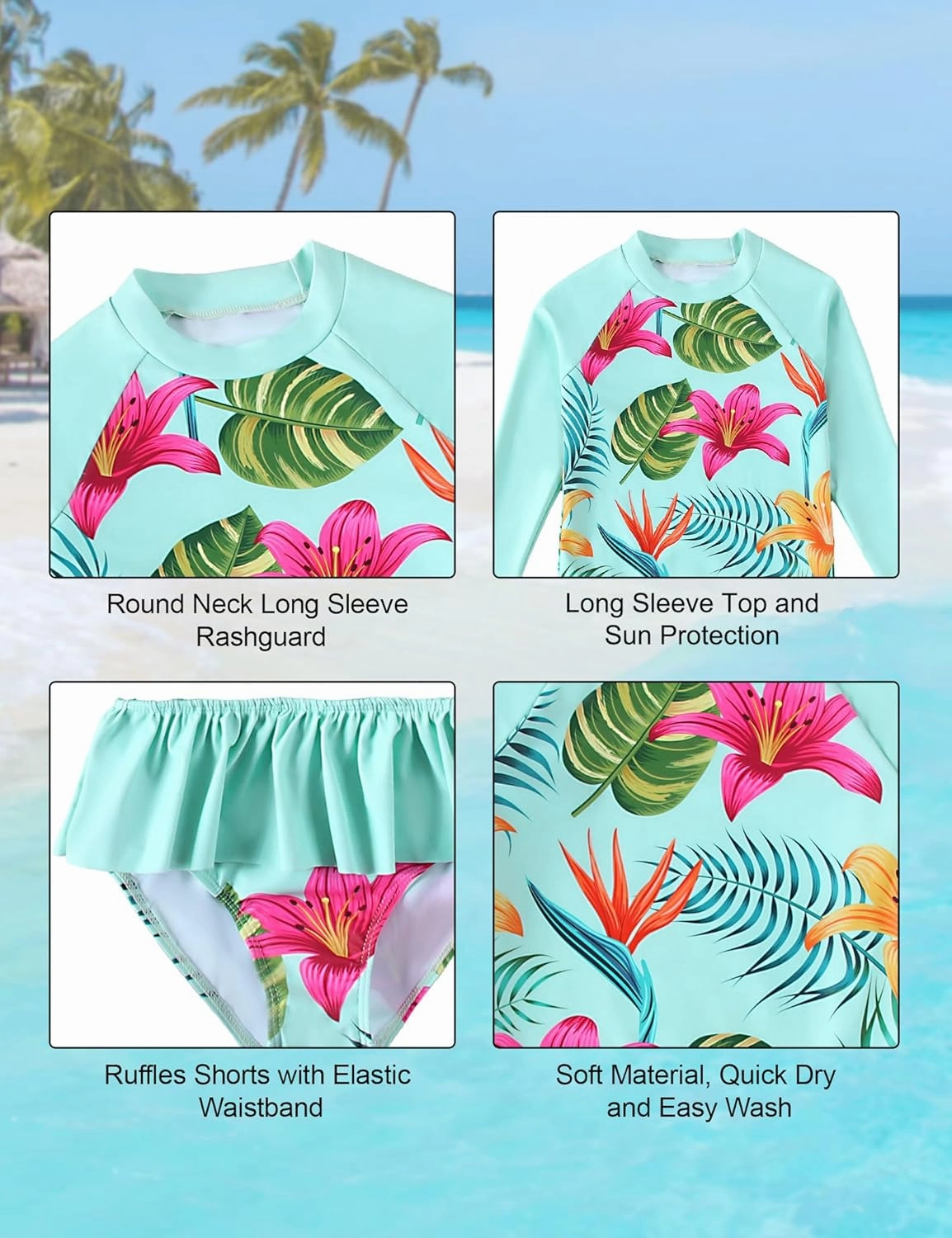 puseky Girls Swimsuit Rash Guard Set 2 Piece Long Sleeve Bathing Suit with Ruffle Shorts UPF 50  Summer Swimwear 3-10 Years