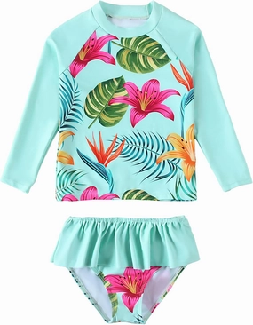 puseky Girls Swimsuit Rash Guard Set 2 Piece Long Sleeve Bathing Suit with Ruffle Shorts UPF 50  Summer Swimwear 3-10 Years