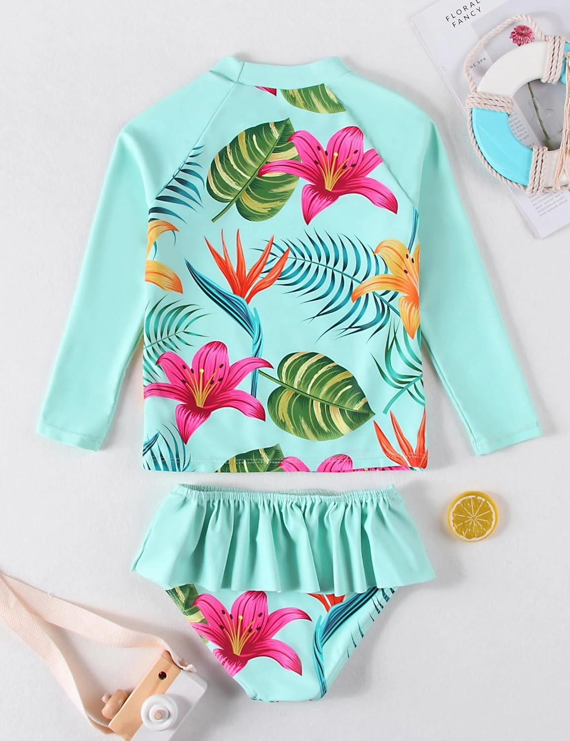 puseky Girls Swimsuit Rash Guard Set 2 Piece Long Sleeve Bathing Suit with Ruffle Shorts UPF 50  Summer Swimwear 3-10 Years