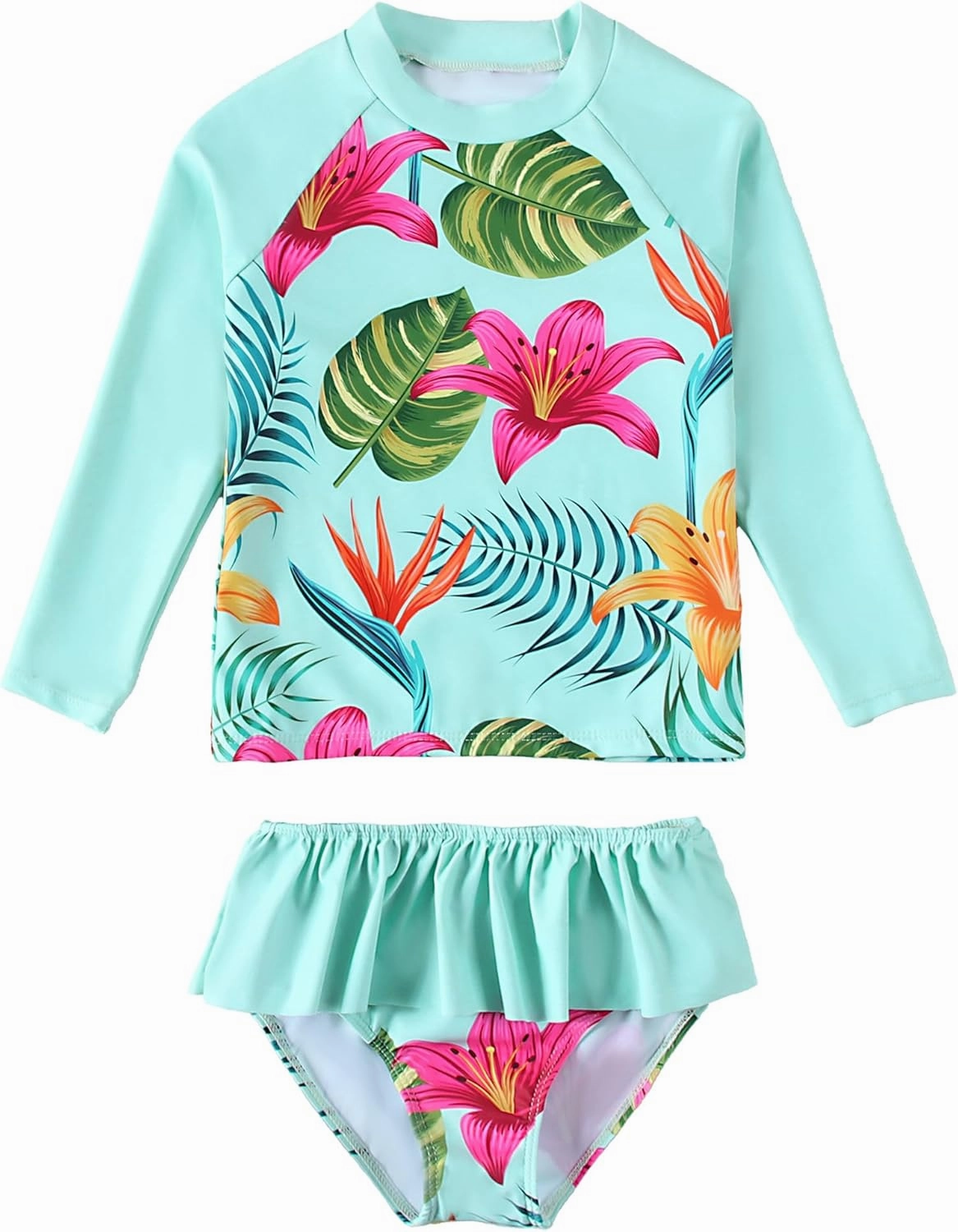 puseky Girls Swimsuit Rash Guard Set 2 Piece Long Sleeve Bathing Suit with Ruffle Shorts UPF 50  Summer Swimwear 3-10 Years