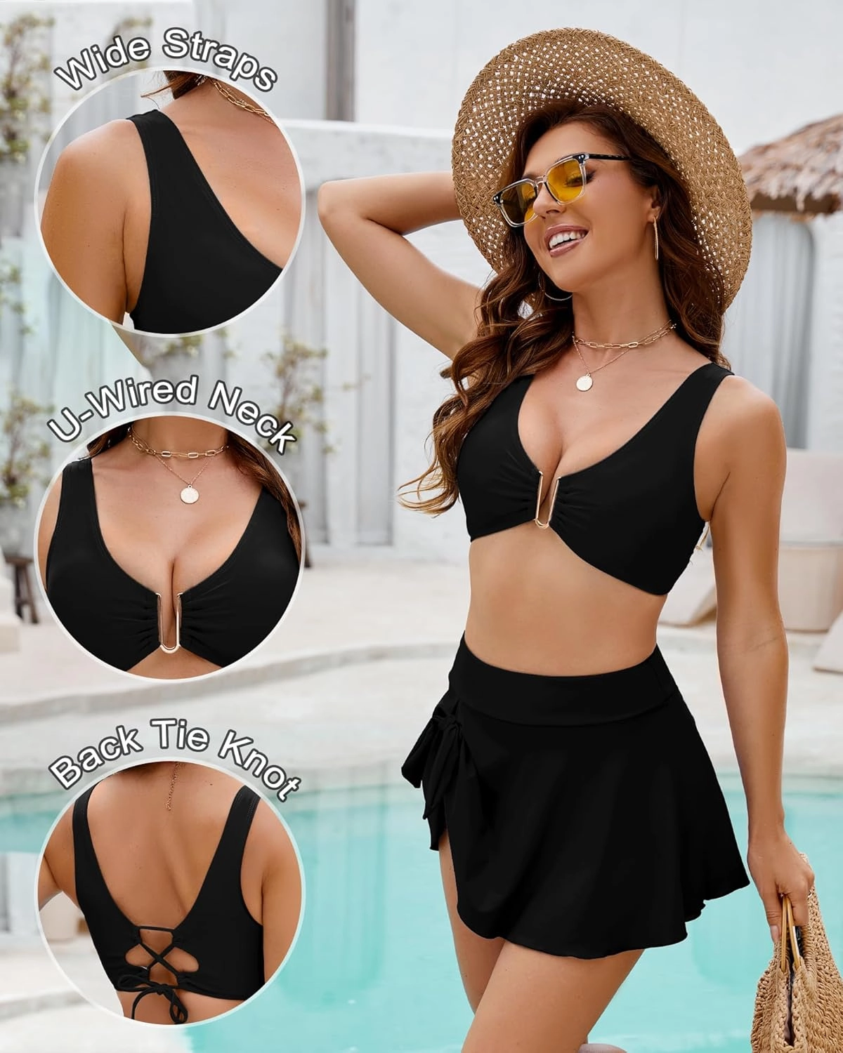 Push Up Bikini Top for Women U Wired Wide Straps Swimsuit Tops Scoop Neck Padded Lace Up Back Bathing Suit Top Only