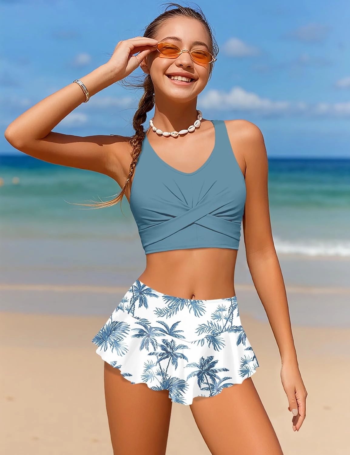 Qaoerde Girls Swimsuit Tropical Print Bikini Set with Ruffle Hem Two Piece Criss Cross Bathing Suits for Girls 7-14 Years
