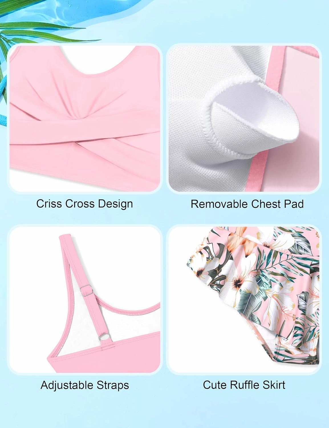 Qaoerde Girls Swimsuit Tropical Print Bikini Set with Ruffle Hem Two Piece Criss Cross Bathing Suits for Girls 7-14 Years