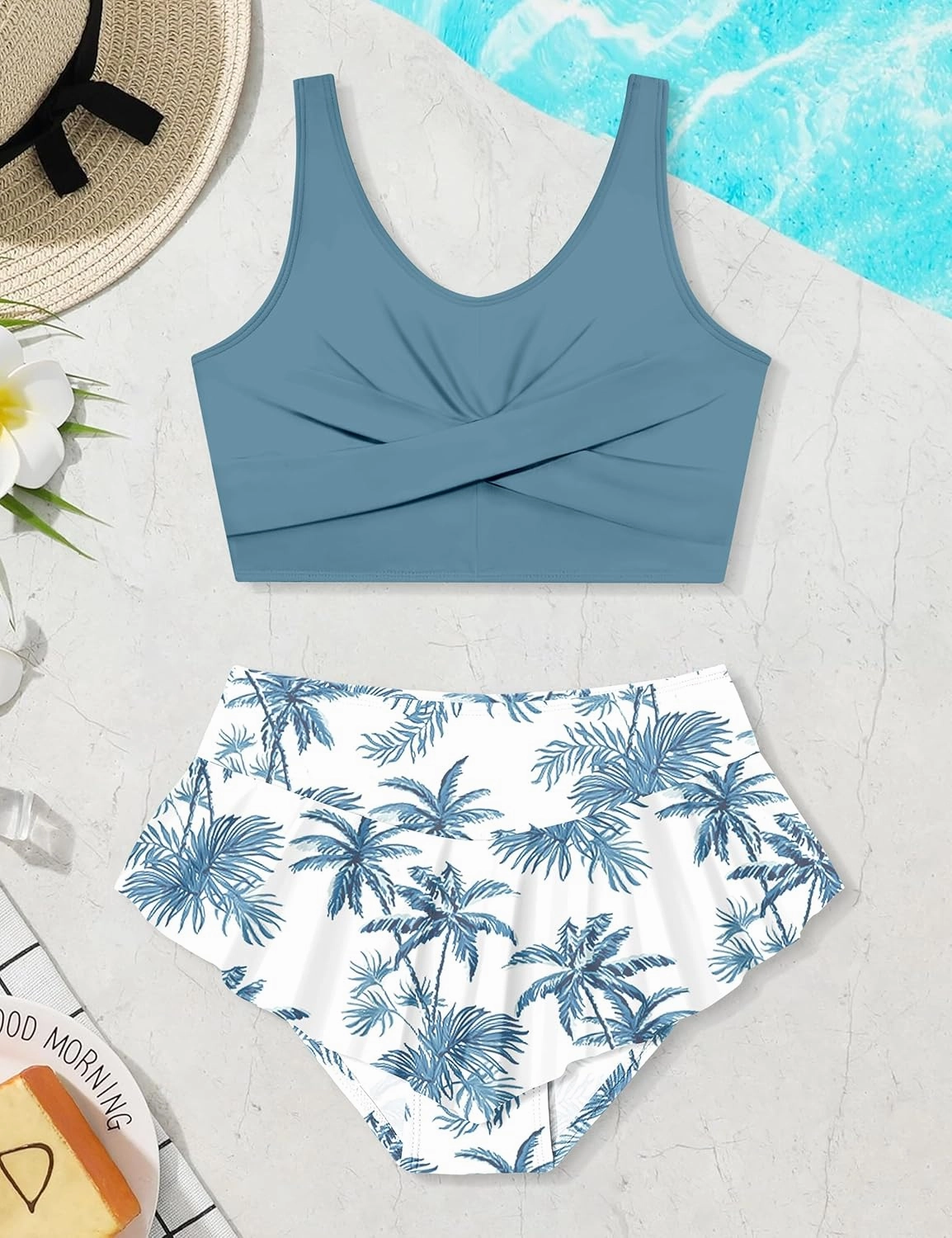 Qaoerde Girls Swimsuit Tropical Print Bikini Set with Ruffle Hem Two Piece Criss Cross Bathing Suits for Girls 7-14 Years