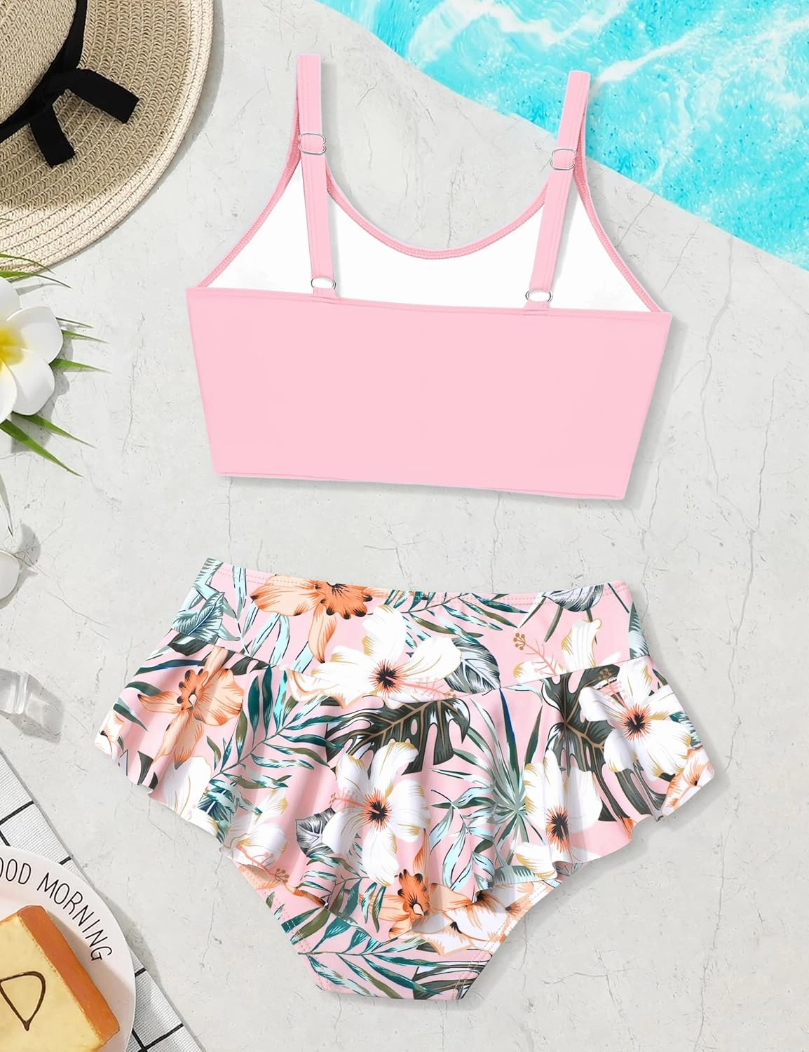 Qaoerde Girls Swimsuit Tropical Print Bikini Set with Ruffle Hem Two Piece Criss Cross Bathing Suits for Girls 7-14 Years