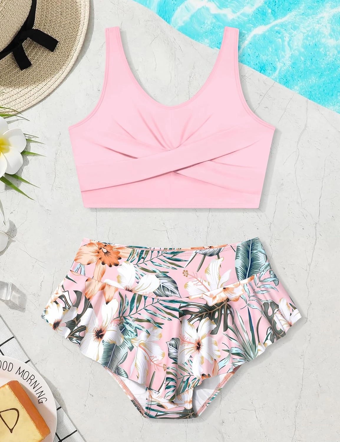 Qaoerde Girls Swimsuit Tropical Print Bikini Set with Ruffle Hem Two Piece Criss Cross Bathing Suits for Girls 7-14 Years