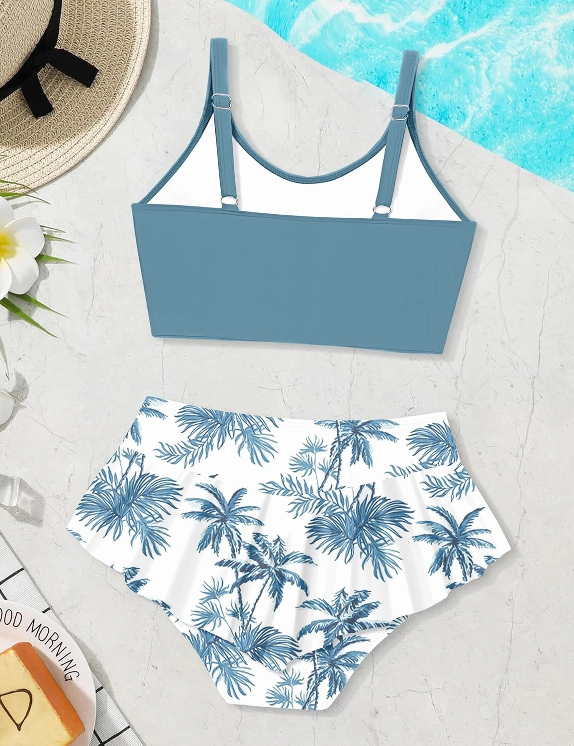 Qaoerde Girls Swimsuit Tropical Print Bikini Set with Ruffle Hem Two Piece Criss Cross Bathing Suits for Girls 7-14 Years