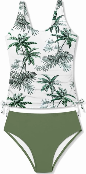 Qaoerde Girls Swimsuit Two Piece Girls Tankini Swimsuit Drawstring Printed Bathing Suit Ruched Swimwear Set 9-16 Years