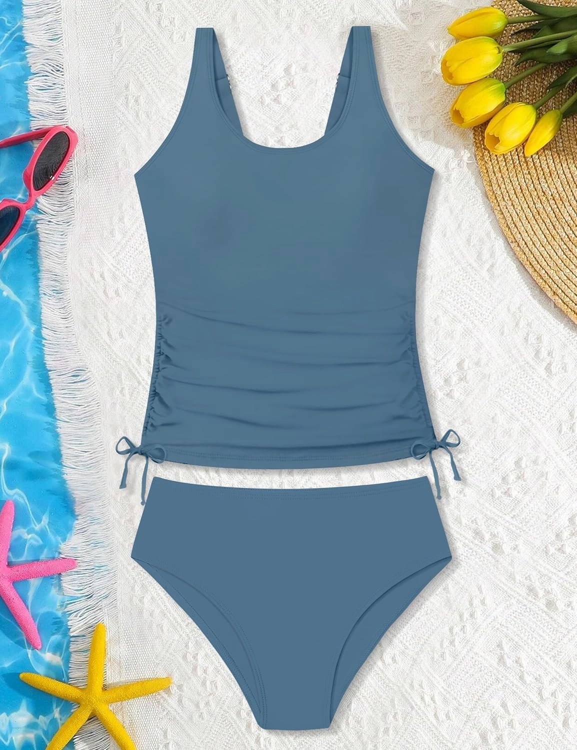 Qaoerde Girls Swimsuit Two Piece Girls Tankini Swimsuit Drawstring Printed Bathing Suit Ruched Swimwear Set 9-16 Years