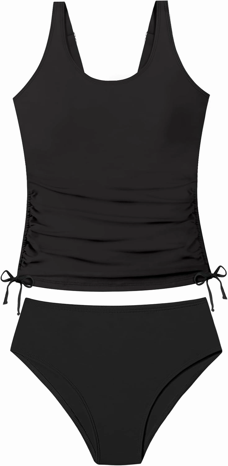 Qaoerde Girls Swimsuit Two Piece Girls Tankini Swimsuit Drawstring Printed Bathing Suit Ruched Swimwear Set 9-16 Years