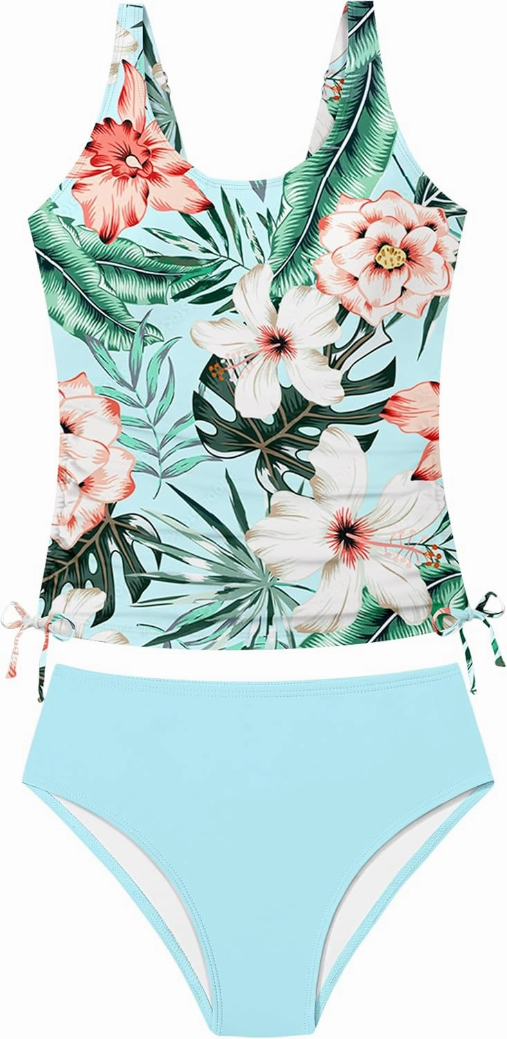 Qaoerde Girls Swimsuit Two Piece Girls Tankini Swimsuit Drawstring Printed Bathing Suit Ruched Swimwear Set 9-16 Years