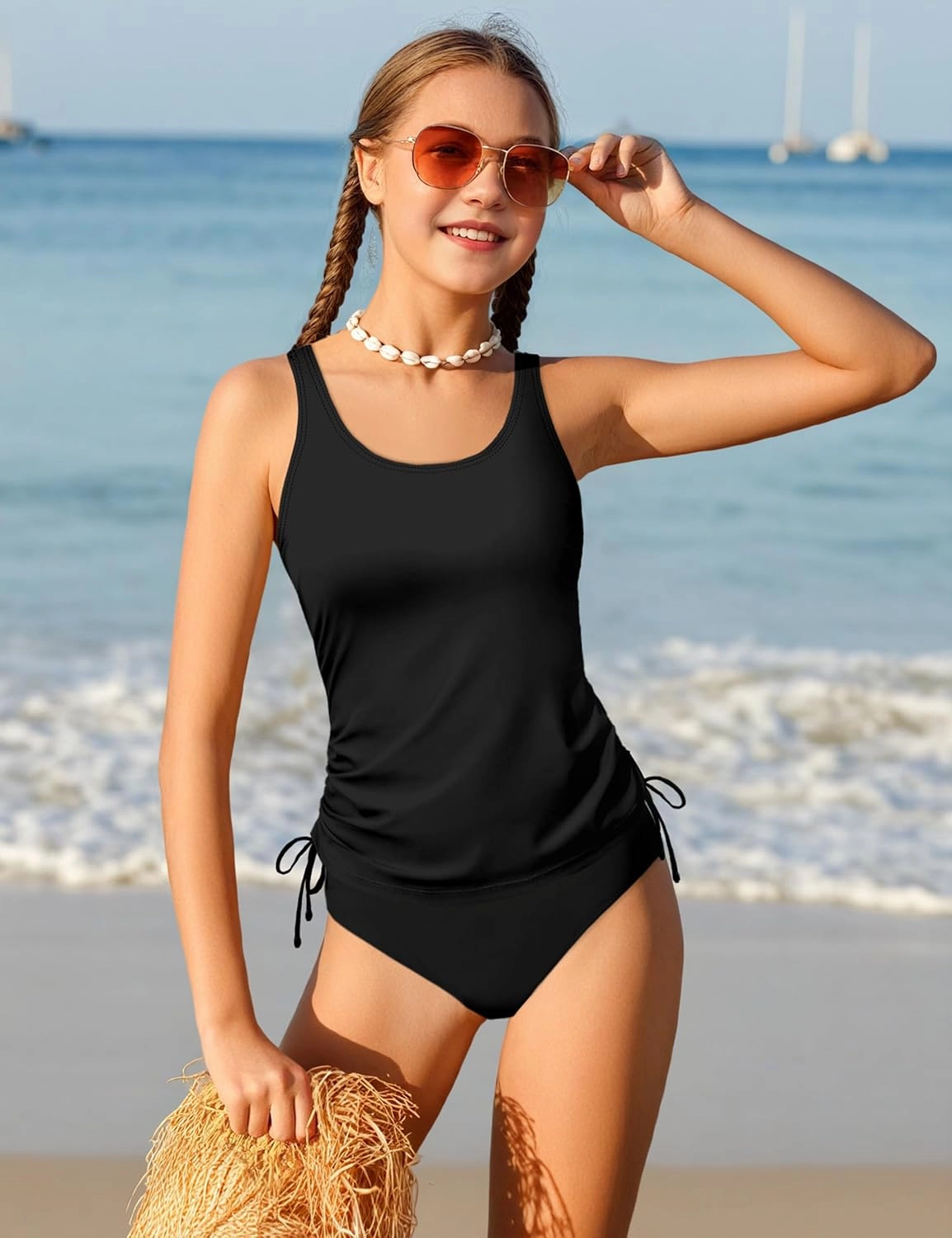 Qaoerde Girls Swimsuit Two Piece Girls Tankini Swimsuit Drawstring Printed Bathing Suit Ruched Swimwear Set 9-16 Years