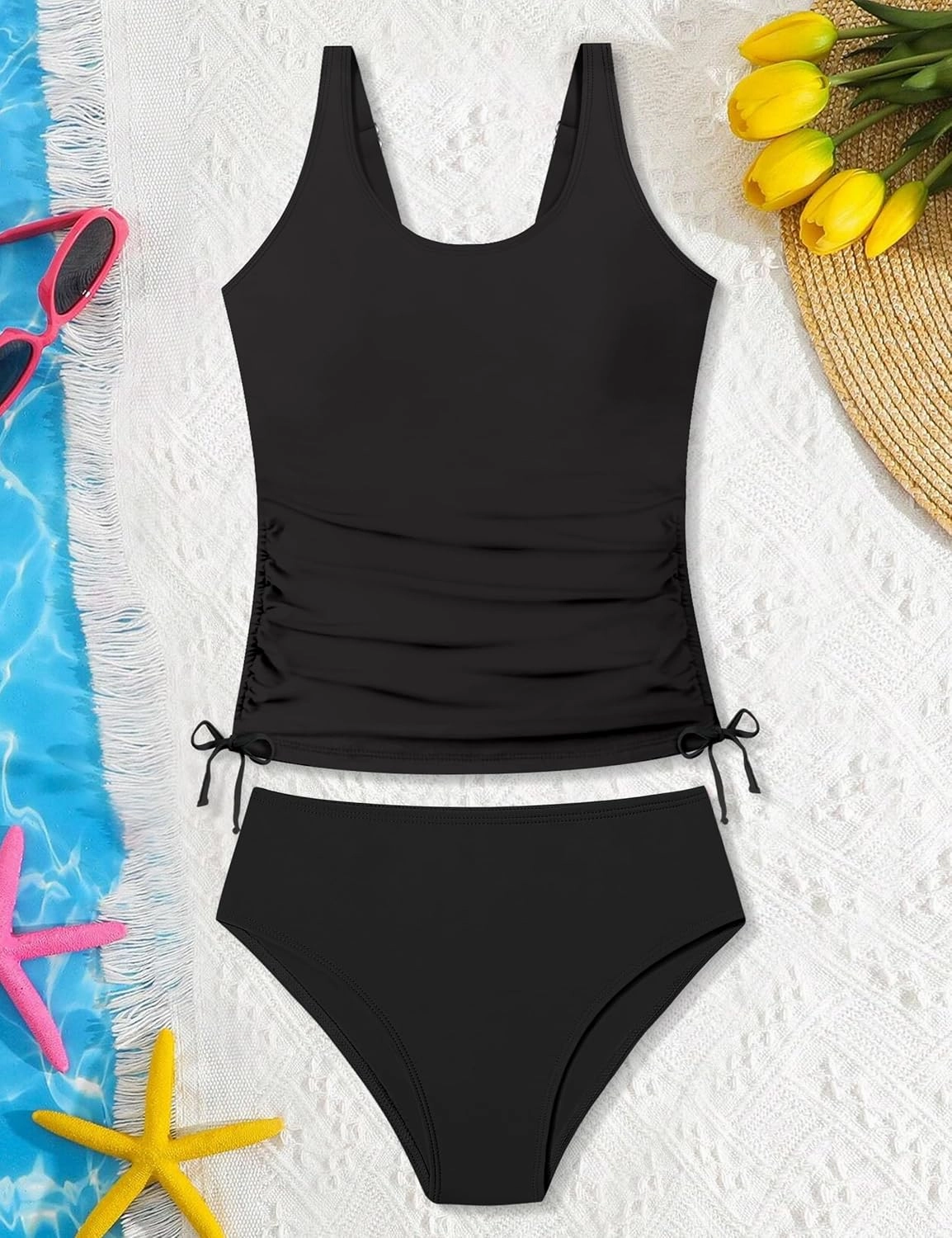 Qaoerde Girls Swimsuit Two Piece Girls Tankini Swimsuit Drawstring Printed Bathing Suit Ruched Swimwear Set 9-16 Years