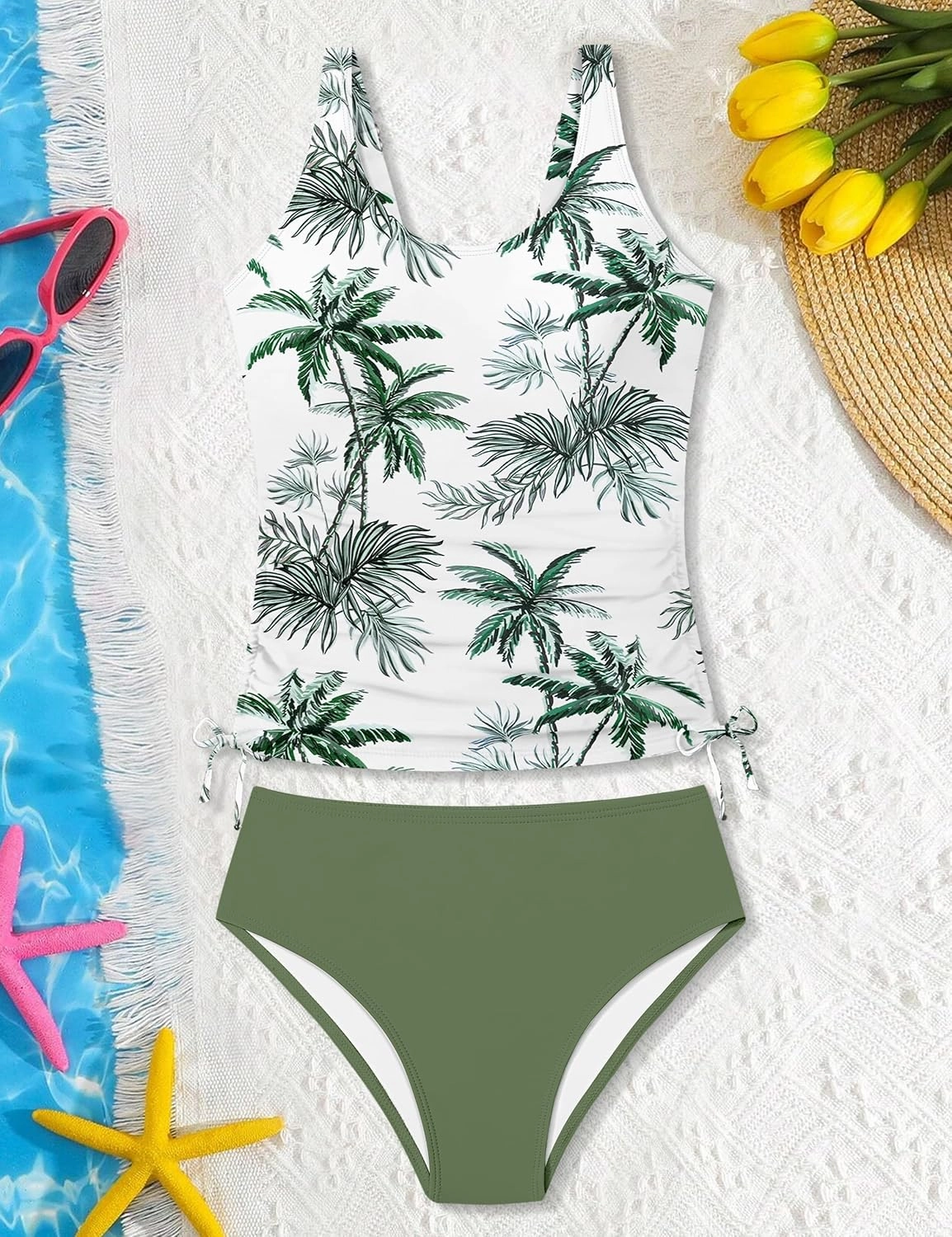 Qaoerde Girls Swimsuit Two Piece Girls Tankini Swimsuit Drawstring Printed Bathing Suit Ruched Swimwear Set 9-16 Years