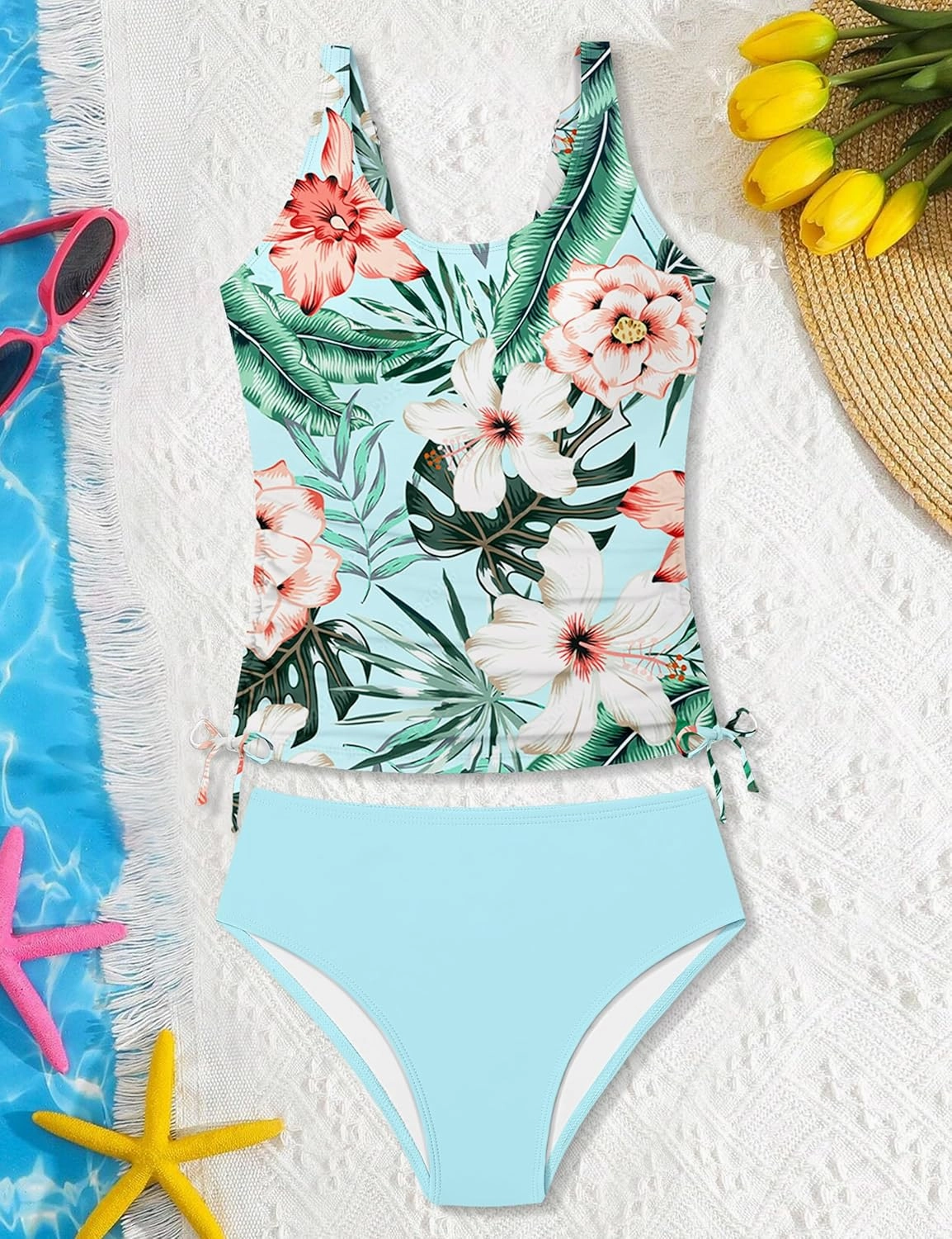 Qaoerde Girls Swimsuit Two Piece Girls Tankini Swimsuit Drawstring Printed Bathing Suit Ruched Swimwear Set 9-16 Years
