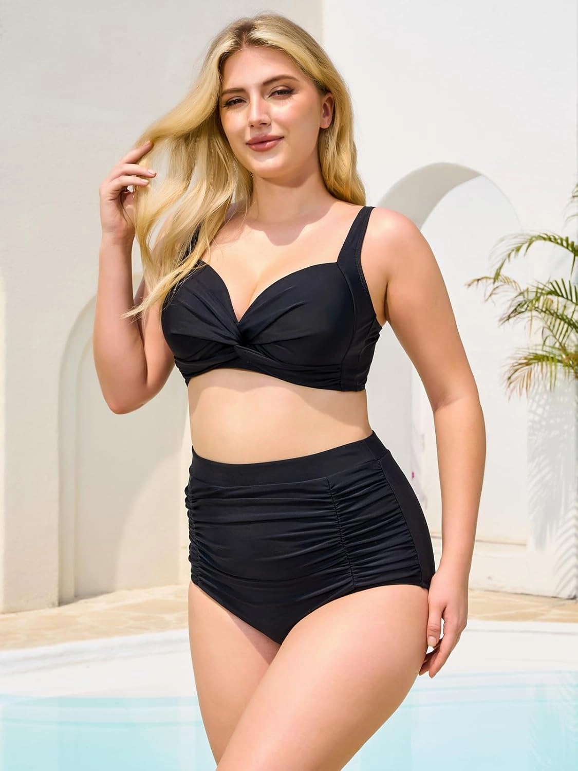 RELLECIGA Women's High Waisted Bikini Bottom Tummy Control Ruched Full Coverage Swim Bottom