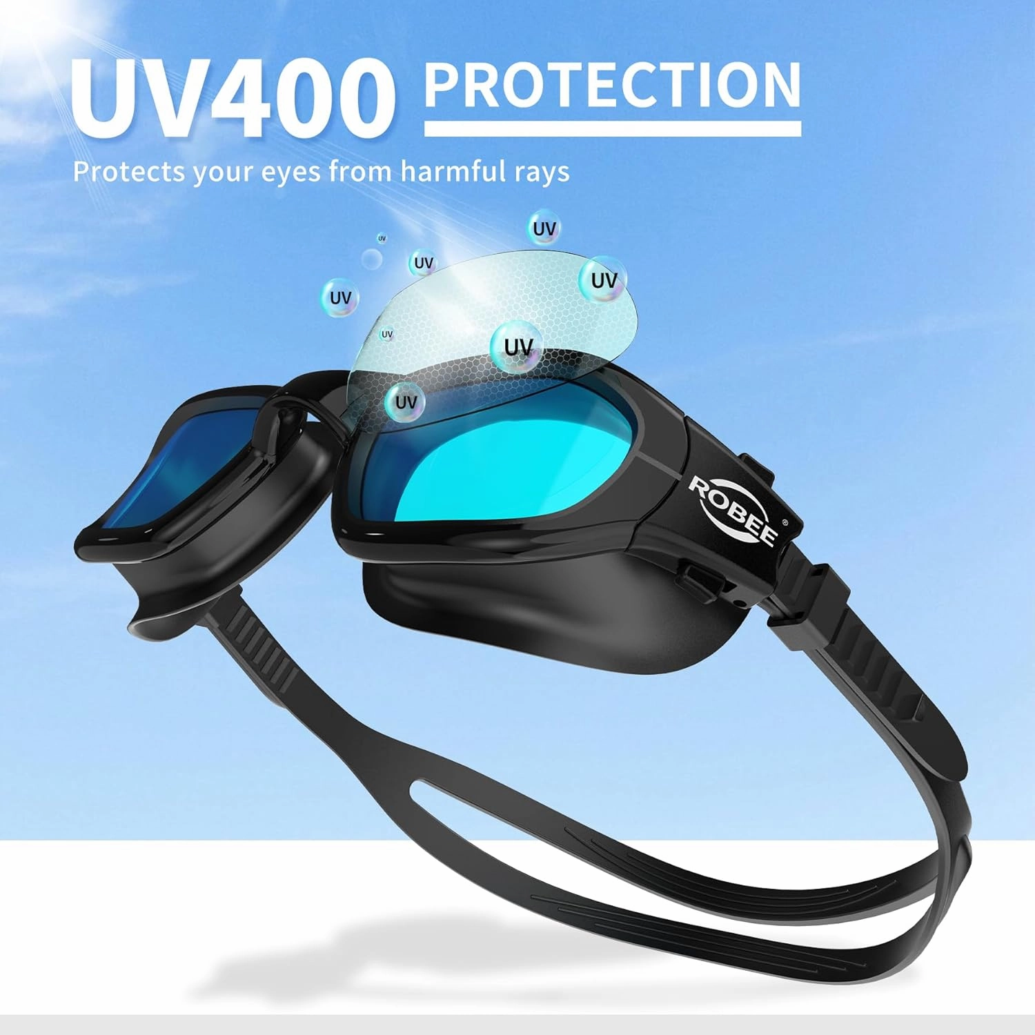 Robee Swim Goggles, Swimming Cap and Goggles Case, Polarized Swimming Goggles Silicone Cap for Adult Men Women