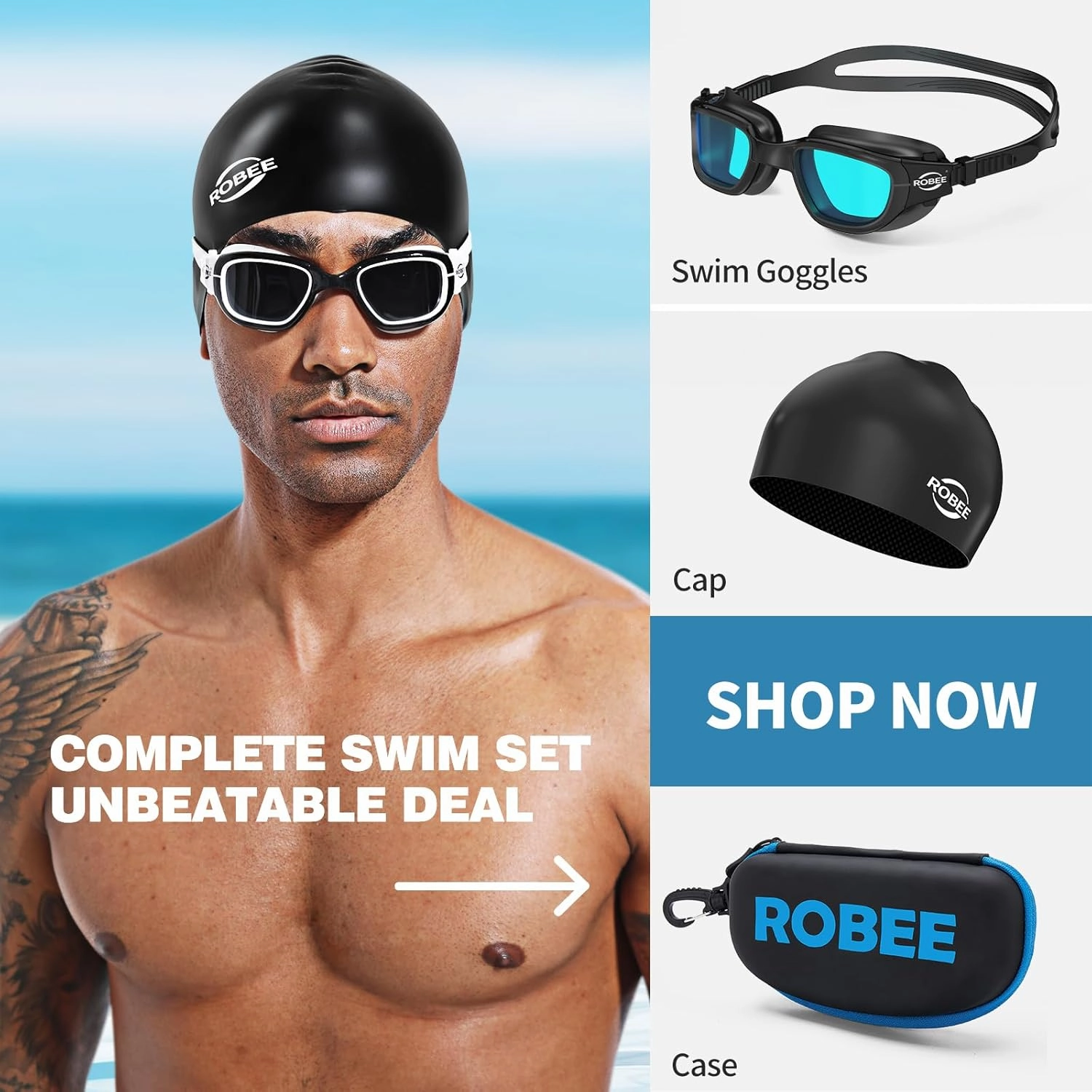 Robee Swim Goggles, Swimming Cap and Goggles Case, Polarized Swimming Goggles Silicone Cap for Adult Men Women