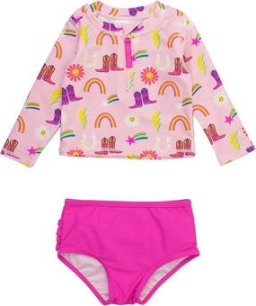 RuffleButts? Baby/Toddler Girls Long Sleeve Rash Guard 2 Piece Swimsuit Set w/UPF 50  Sun Protection with Zipper